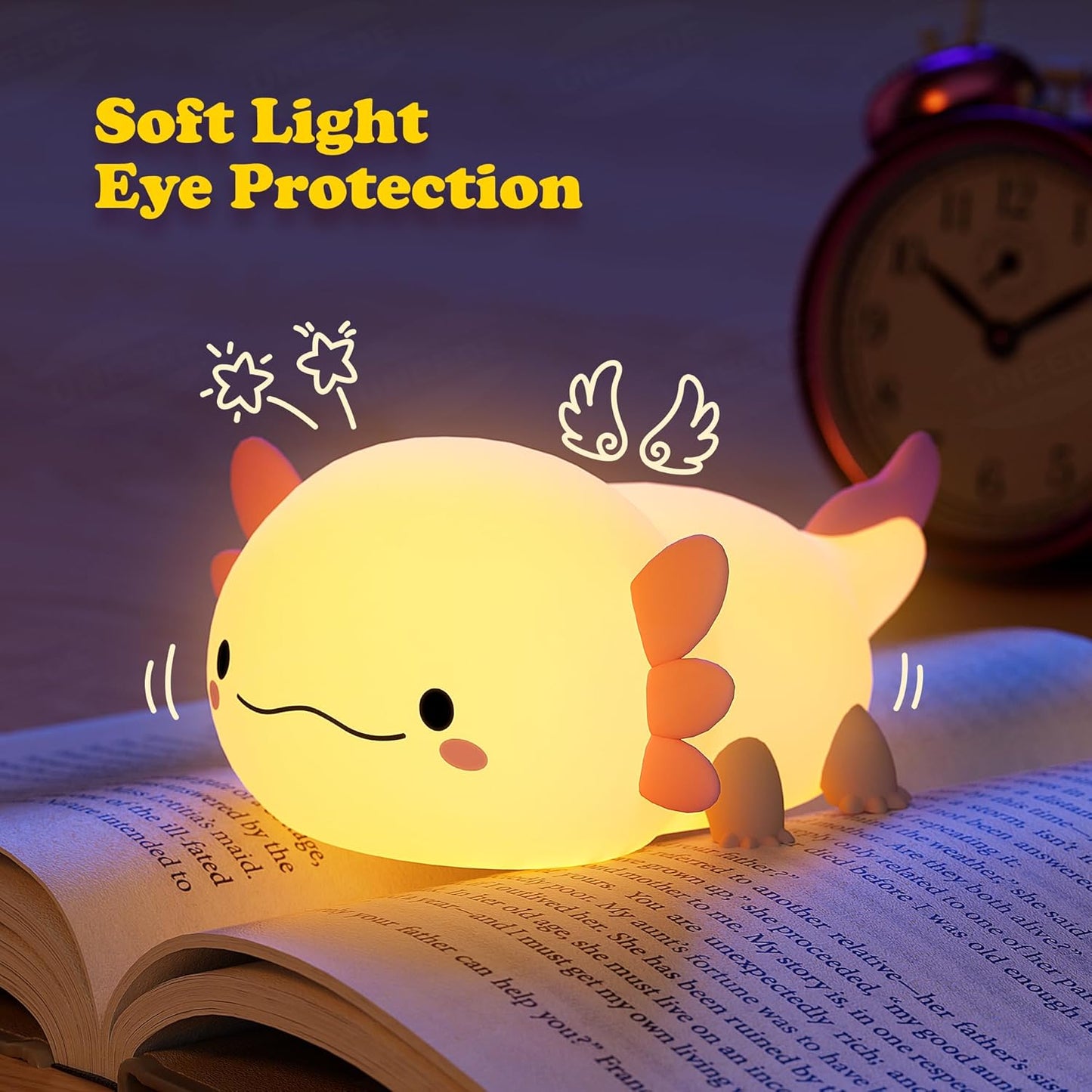 UNEEDE Axolotl Night Light for Kids,Animal Silicone Nursery Night Lamp, Rechargeable Table Lamp