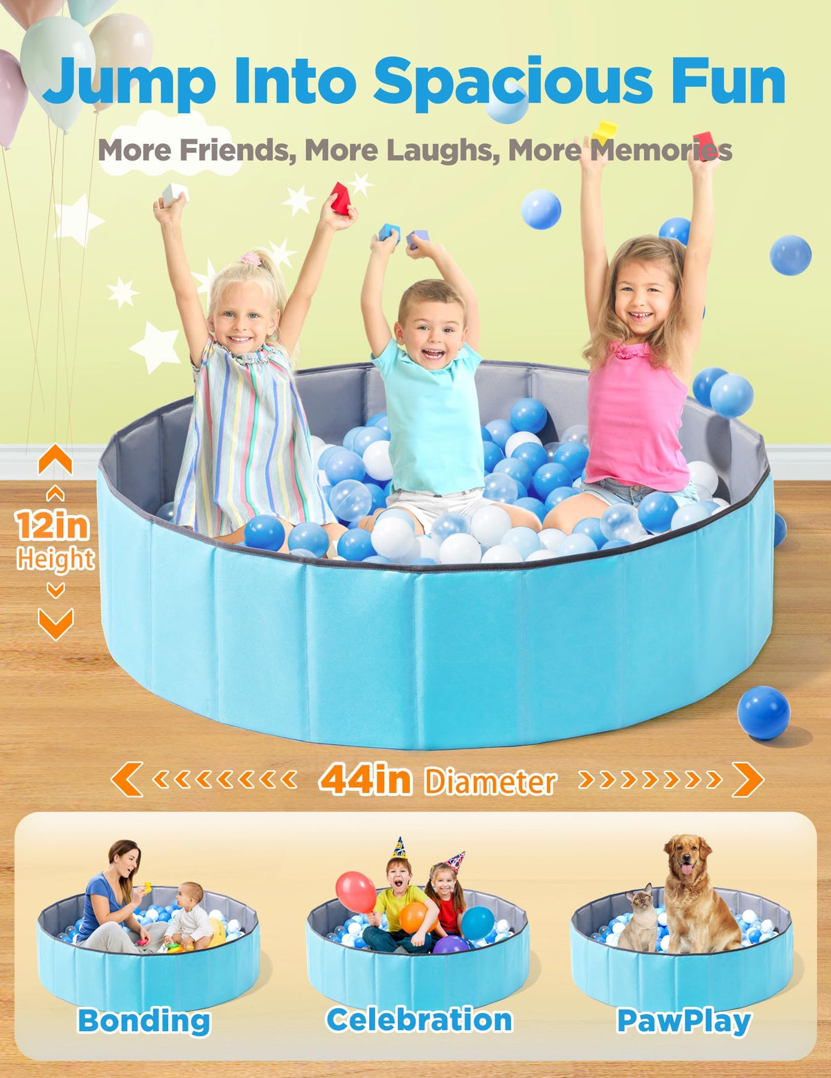 Hikiddy Large Ball Pit for Toddlers - 44in Baby Ball Pool with Playmat, Hold Over 1000 Balls