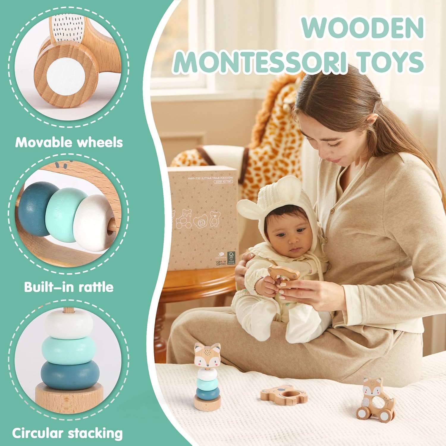 Freniland Wooden Montessori Toys, 5-Piece Wooden Baby Toy, Koala Baby Rattle, Fox Stacking Ring