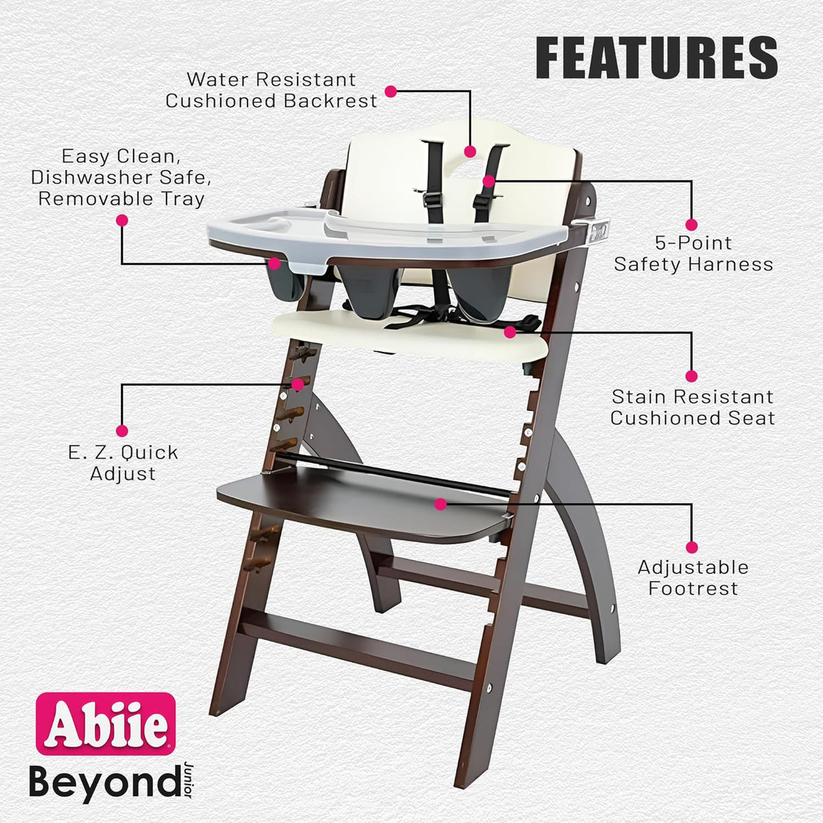 Abiie Beyond Junior Wooden High Chair with Tray - Adjustable and Convertible High Chair for Babies