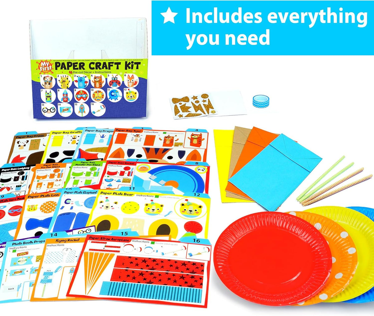 KRAFUN My First Safari Animal Paper Craft Kit, 16 DIY Arts and Crafts Zoo Animal, Organized Craft