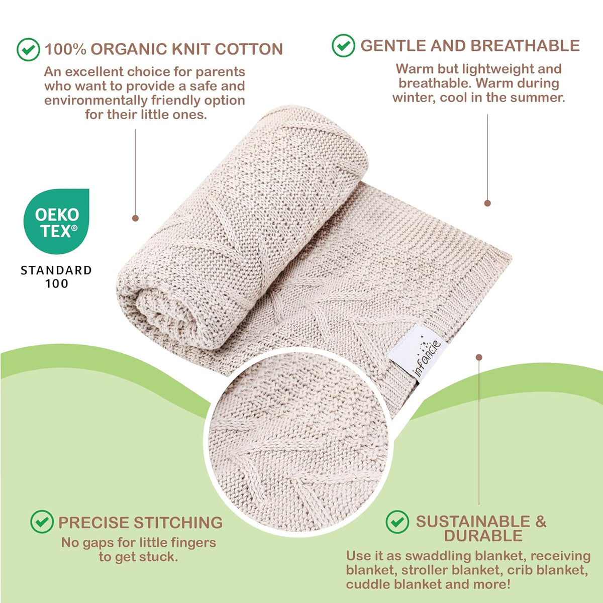 Organic Cotton Baby Blanket - 31.5 x 43.3 Inches, Soft Knitted Crib Blanket for Boys & Girls