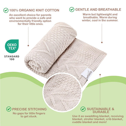Organic Cotton Baby Blanket - 31.5 x 43.3 Inches, Soft Knitted Crib Blanket for Boys & Girls