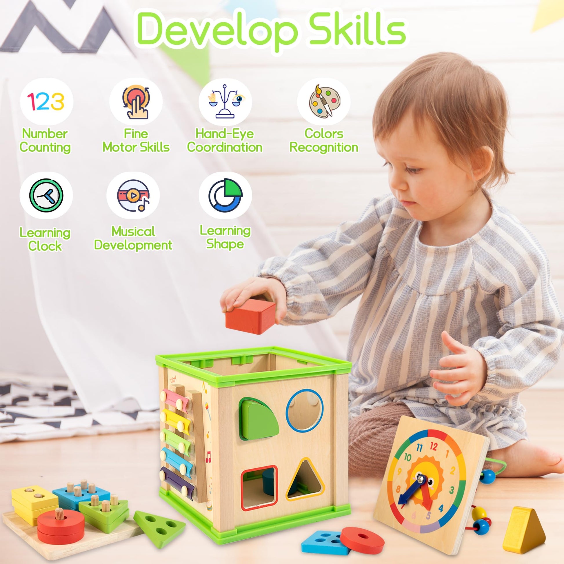 WOODMAM Wooden 7-in-1 Activity Cube, Montessori Toys for 1 2 Year Old