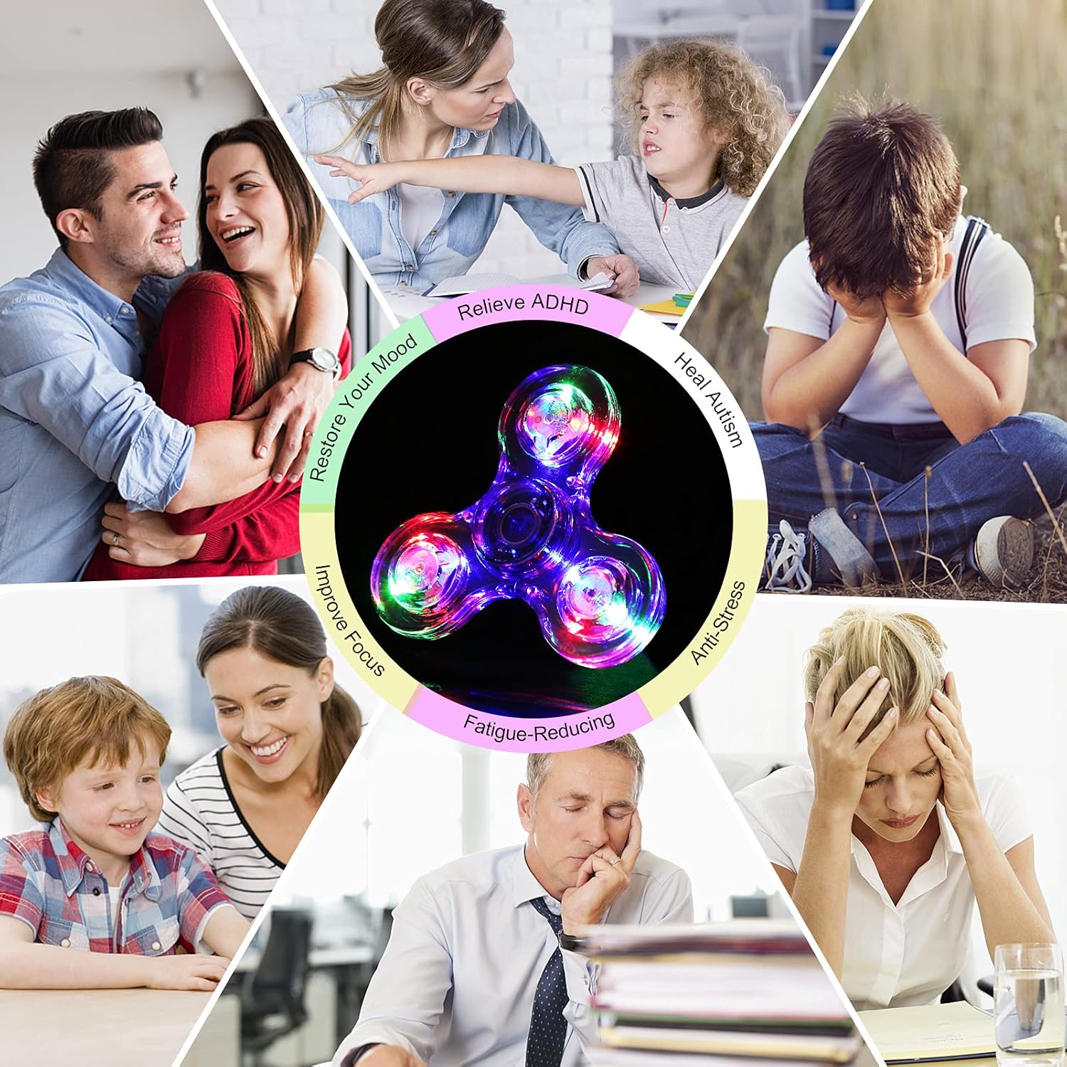 SCIONE LED Fidget Spinners, Light Up Sensory Fidget Toys for Kids, Glow in The Dark Toys for Kids