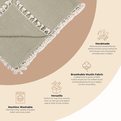 Crane Baby Green Muslin Baby Blanket, 6-Layer Cotton Baby Swaddle, Soft Cotton Lightweight Nursery