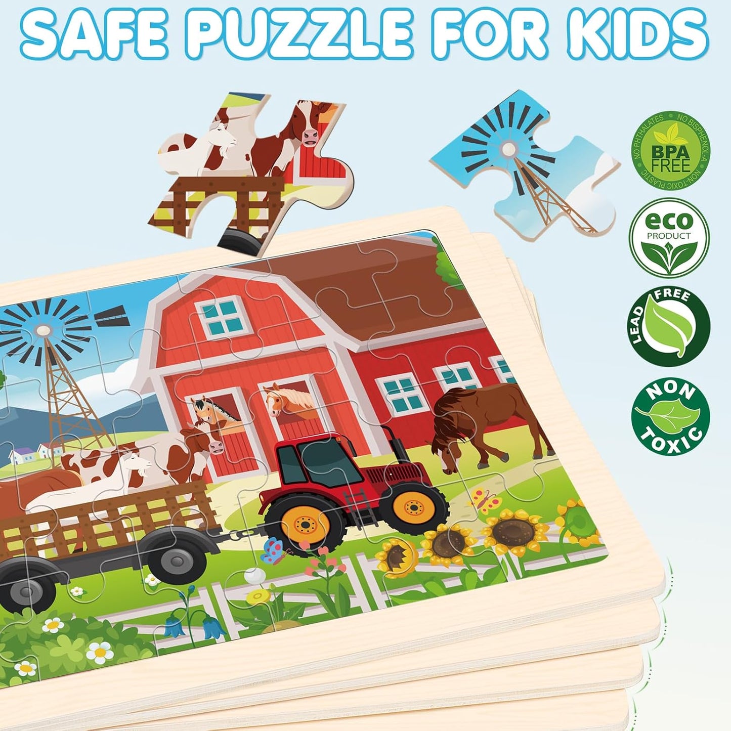 4-in-1 Farm Wooden Puzzles for Kids Ages 4-6, 24 PCS Wooden Jigsaw Puzzles for Toddlers Ages 2-4
