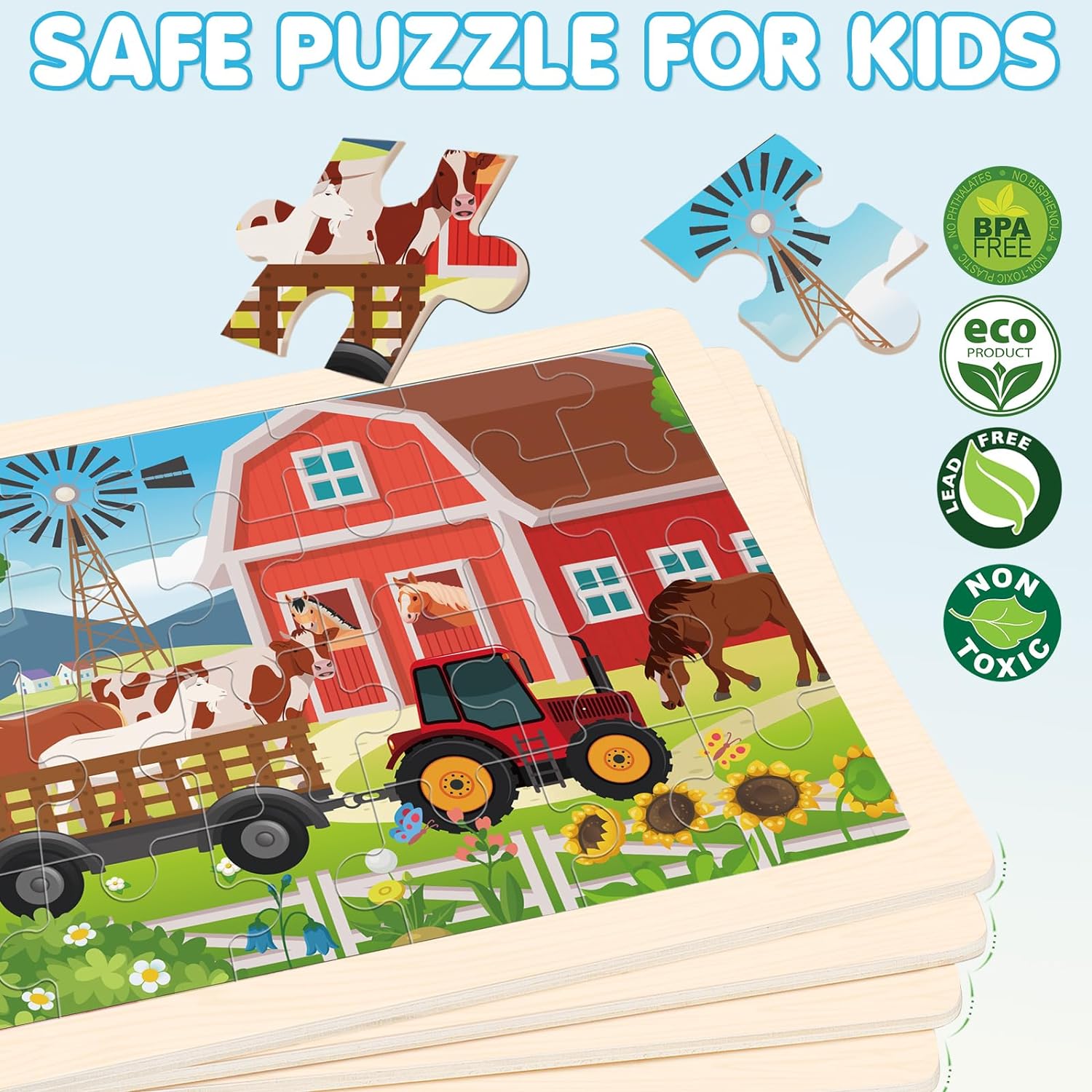 Wooden Farm Puzzles for Kids Age 3 4 5 Year Old, 4 Pack 24 Pcs Montessori Toddler Jigsaw Puzzles