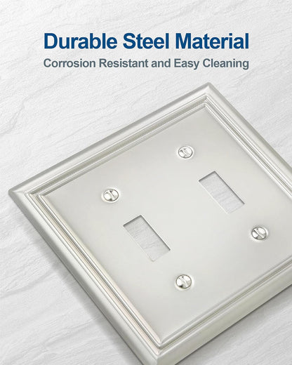 2-Pack Double Toggle Wall Plate, Metal Switch Plate Cover, Satin Nickel Light Switch Cover