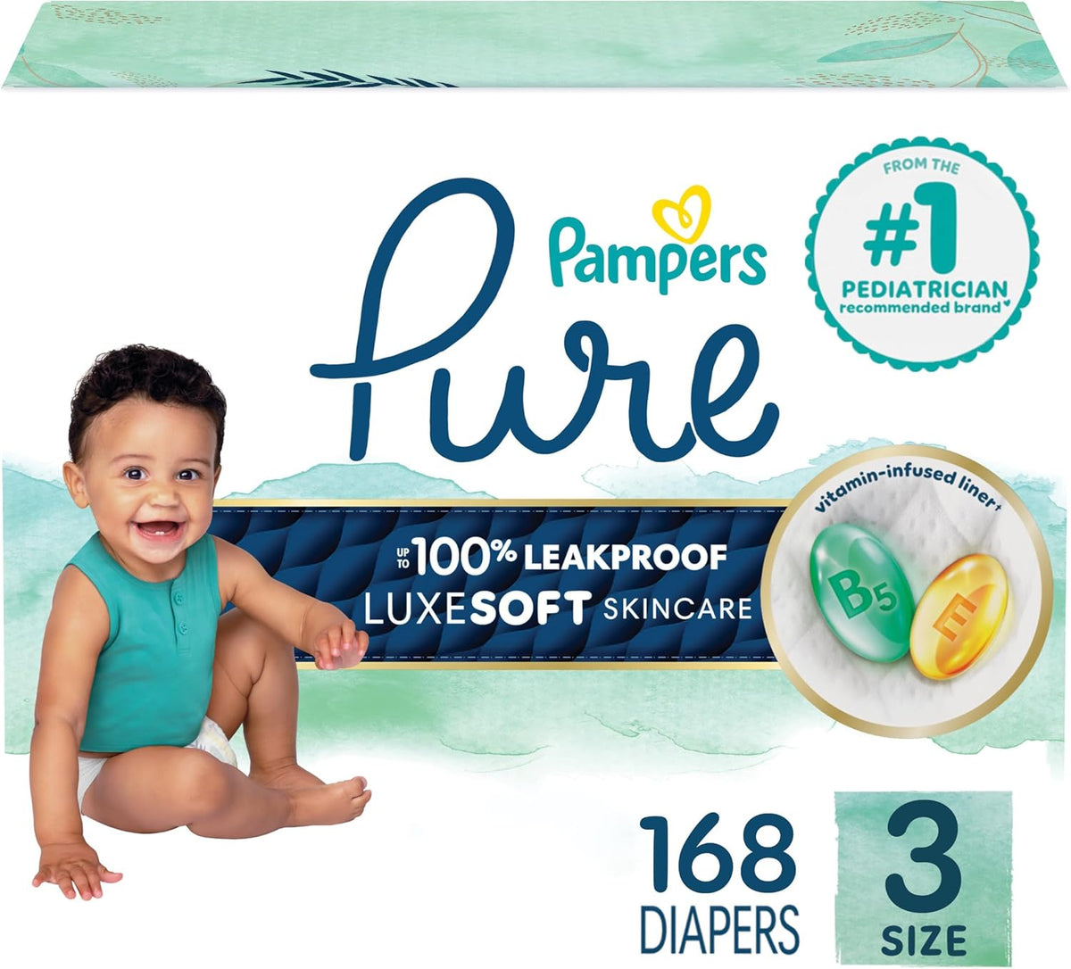 Pampers Pure Protection Baby Diapers, Size 3 (16-28 lbs), 168 Count, Up to 100% Leakproof, Premium