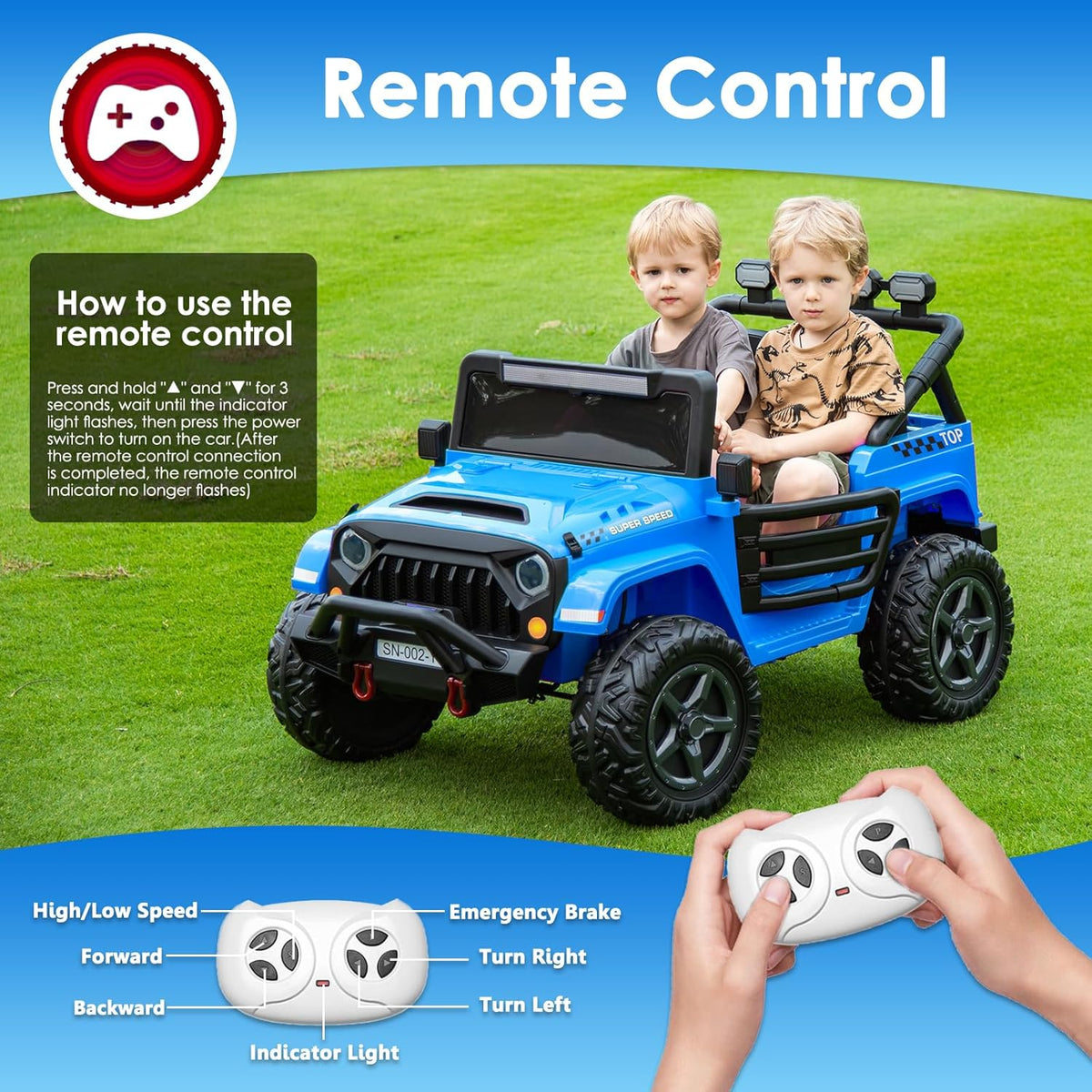 24V 2 Seater Ride On Truck with Remote Control 4WD Electric Car for Kids Ride On Car Battery