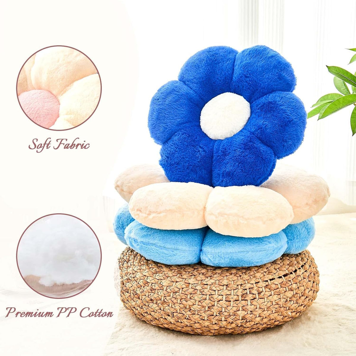 Royal Blue Flower Pillow, Cute Decorative Flower Shaped Throw Pillow with Faux Rabbit Fur, 19.6"