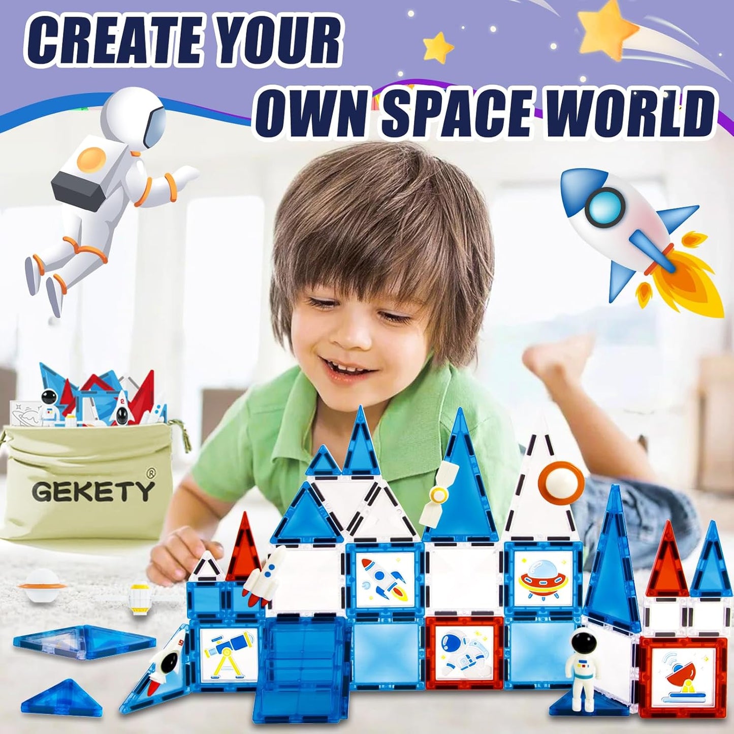 Magnetic Tiles - 58 Pcs Space Magnets Building Blocks Set - Sensory Travel Toys for Toddler - STEM