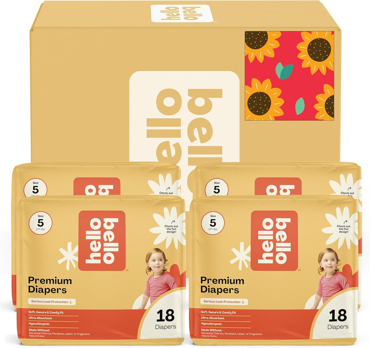 Hello Bello Diapers, Size 5 (27 lbs) Flower Child, 72 Count Value Pack of Premium Disposable Baby