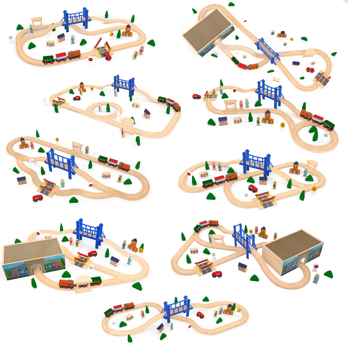 Orbrium Toys 52 Pcs Deluxe Wooden Train Set with 3 Destinations Fits Thomas, Brio, Chuggington