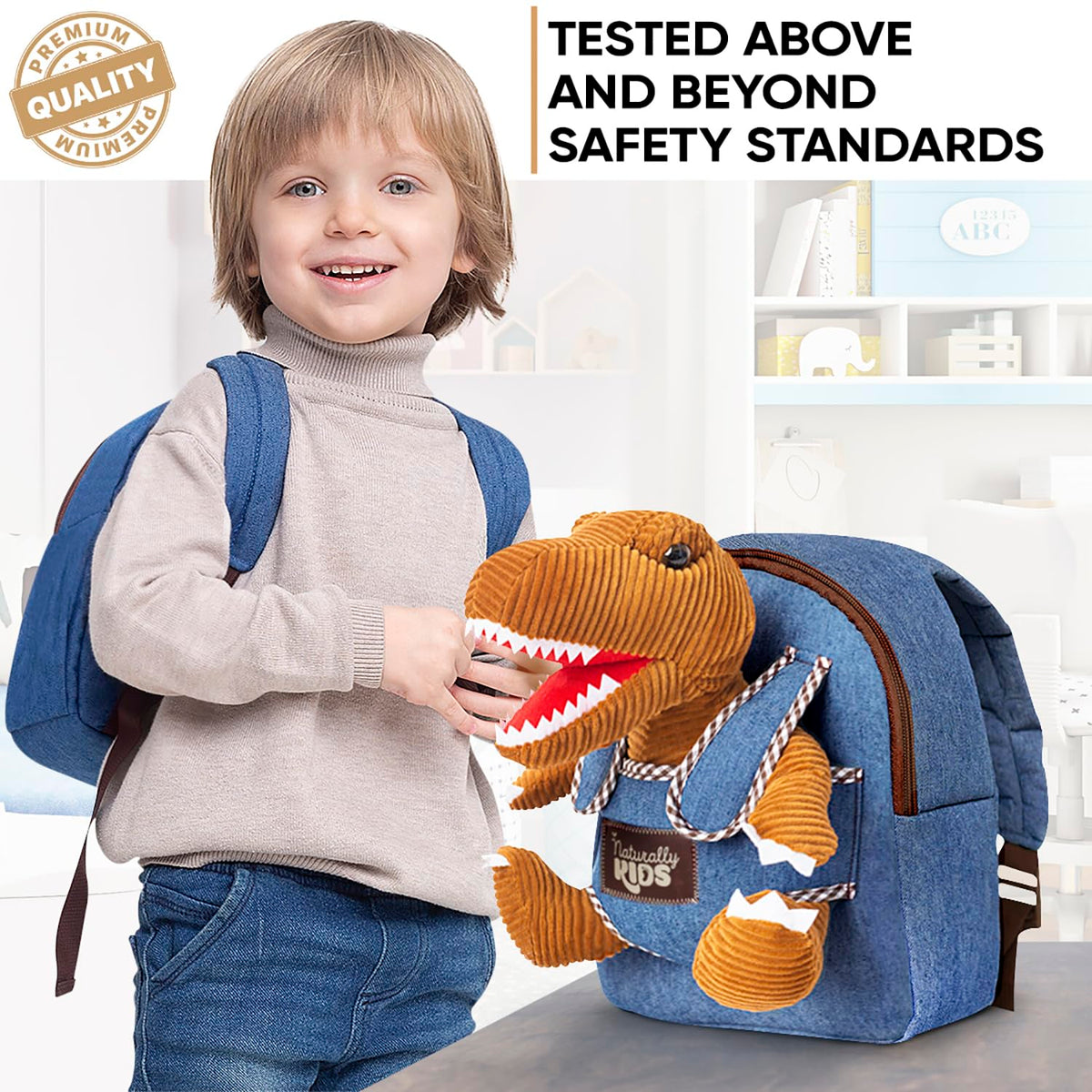 Naturally KIDS Toddler Backpack w. Plush Dinosaur Toy, Kids Gift 2 3 4 5