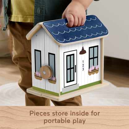 Fisher-Price Wood Pretend Play Toy Dollhouse, 6-Piece Wooden House Playset for Travel Preschool