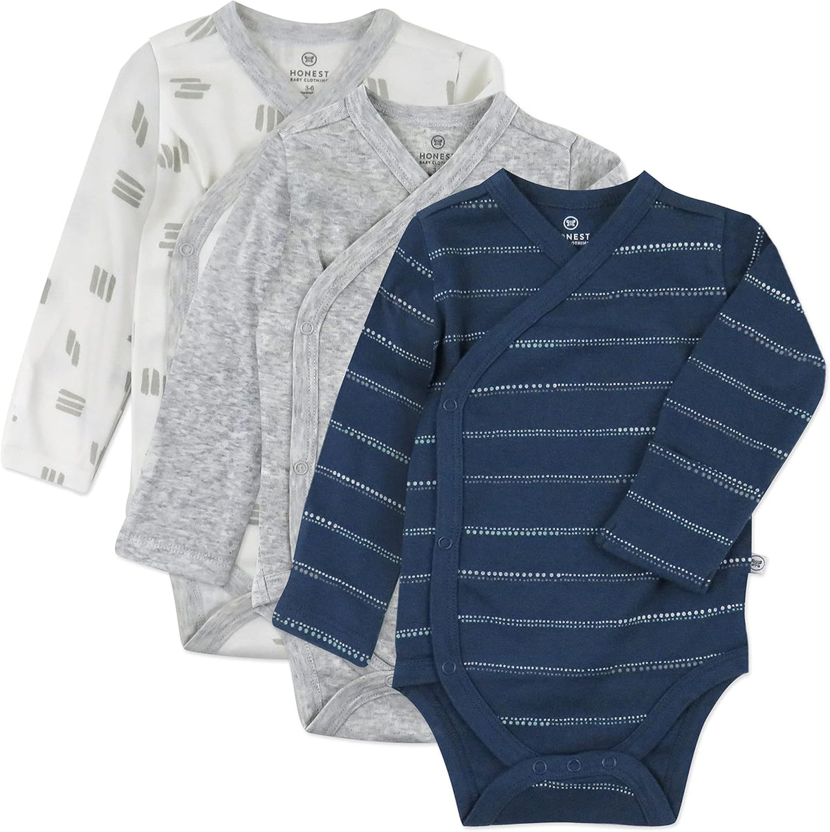 HonestBaby unisex-baby 3-pack Long Sleeve Side-snap Kimono Bodysuits Organic Cotton for Infant Baby