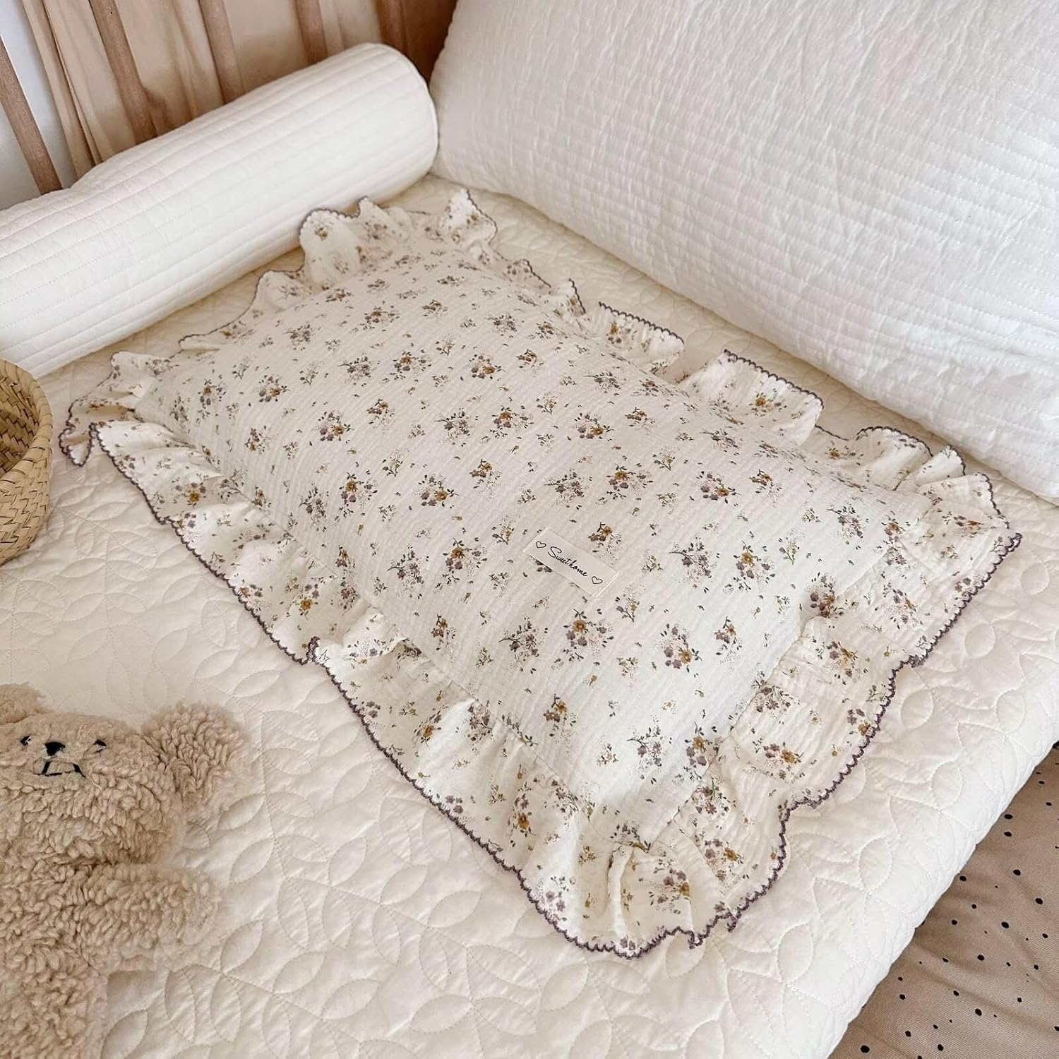 BuLuTu Floral Toddler Pillow Cases Cotton Muslin Cotton Pillowcases for Girls Nursery Pillow, Kids