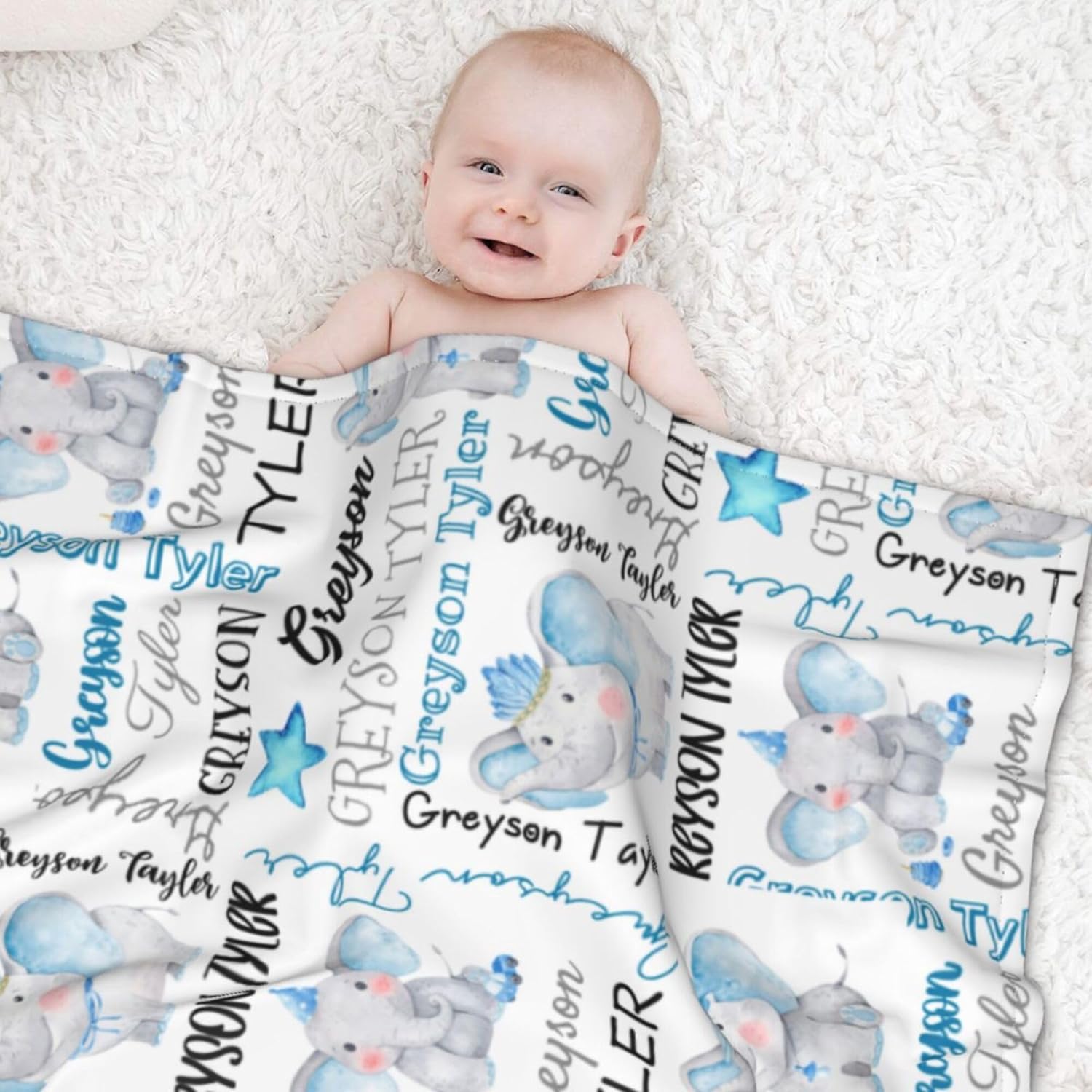 Personalized Elephant Swaddle Blanket with Name - Custom Baby Blanket for Boys & Toddlers - Kids &