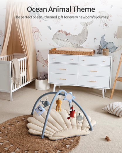 Blissful Diary Shell Baby Play Gym Mat, Softer & Enlarged Tummy Time Mat w 6 Detachable Toys for