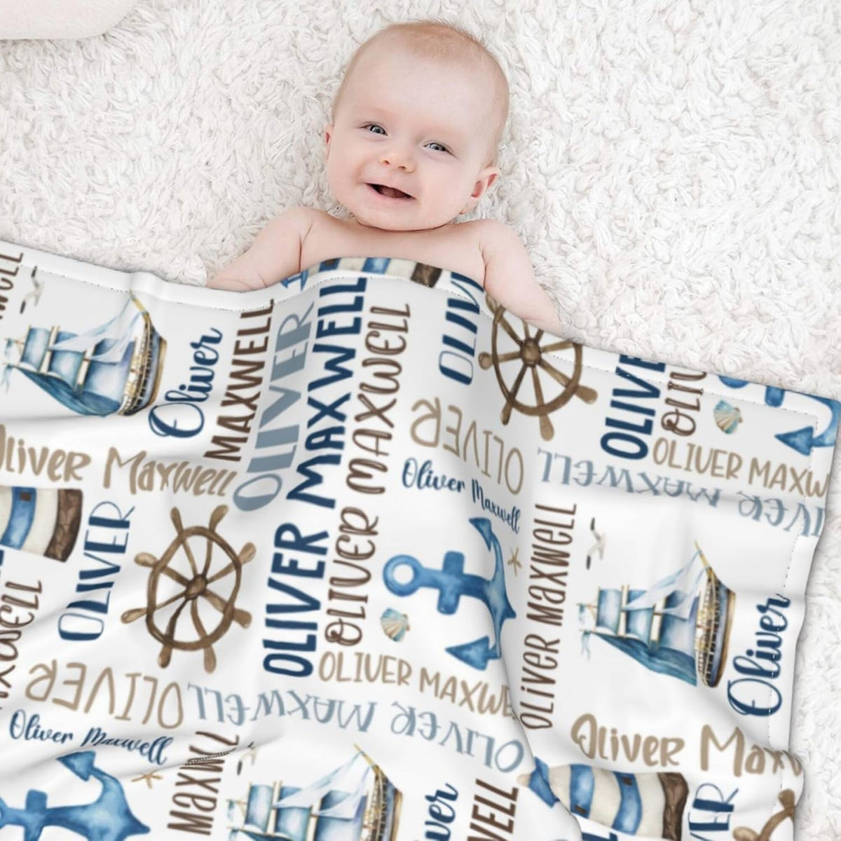 Personalized Baby Blanket for Boys, Custom Baby Blanket with Name, Nautical Blanket Sailboat Anchor