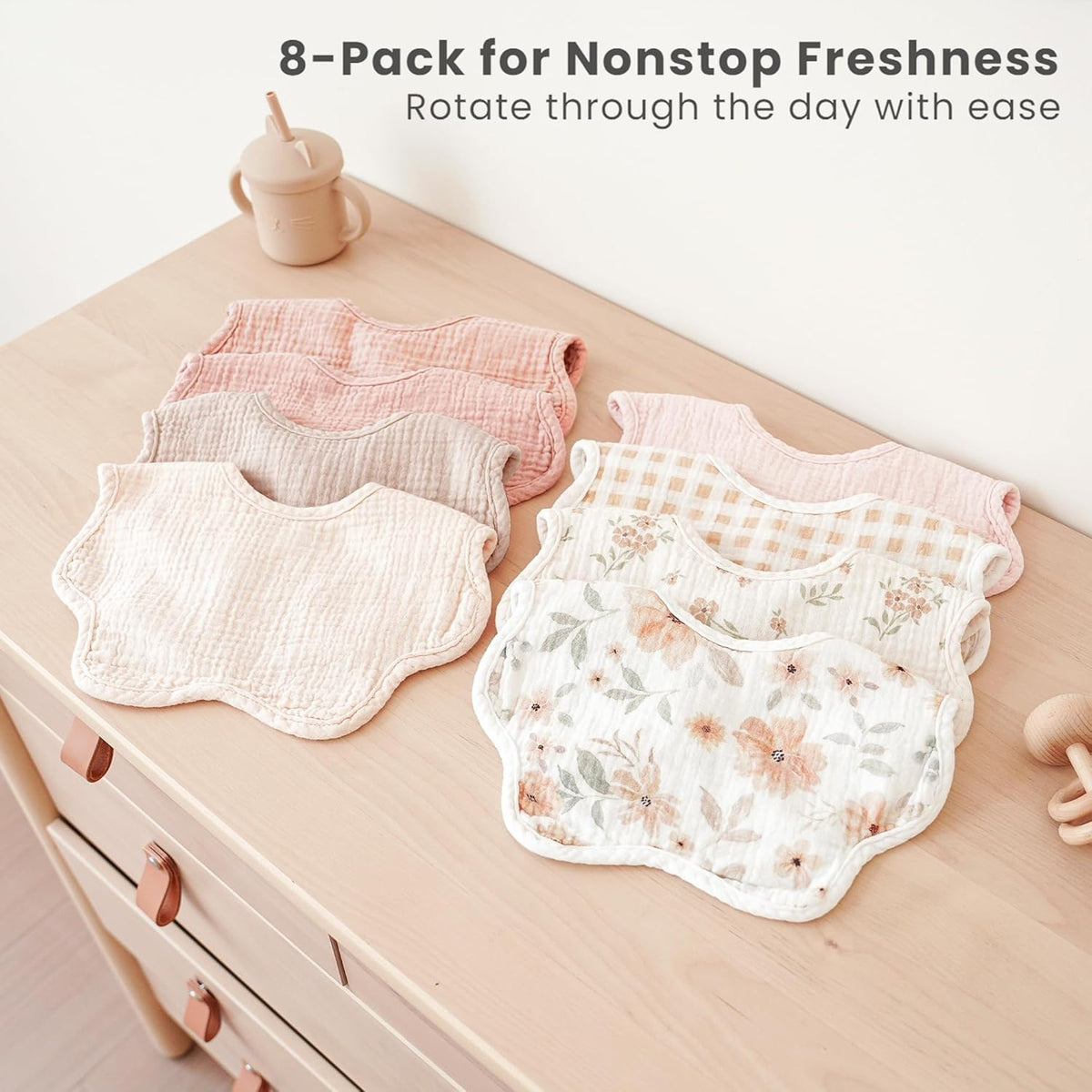 Konssy Muslin Baby Bibs 8 Pack, 100% Cotton Absorbent Bandana Drool Bibs for Teething and Drooling
