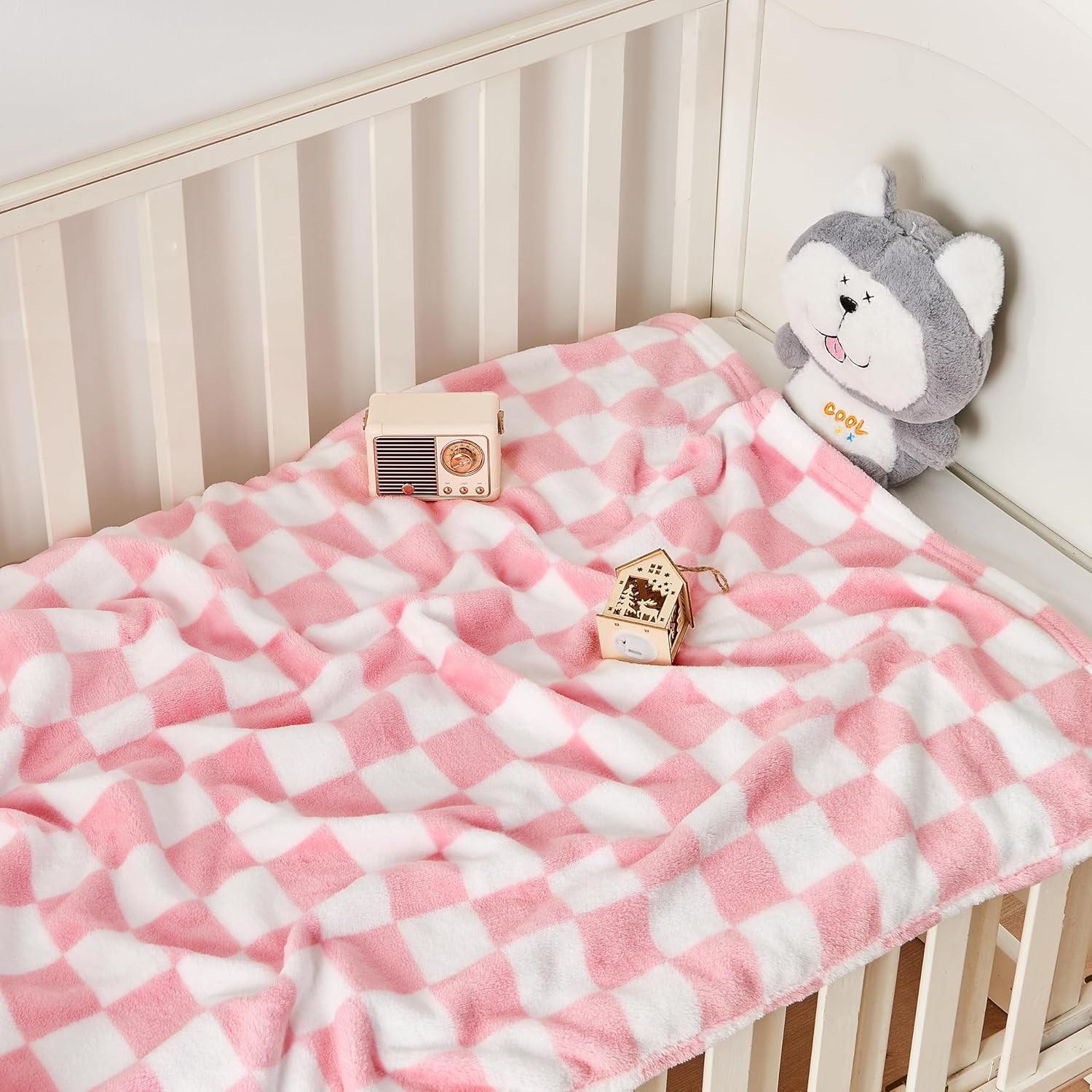 Yurhap Checkered Baby Blanket for Girls Pink Fleece Baby Blankets for Girls Boys, Warmer Comfort
