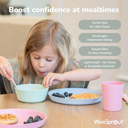 WeeSprout Bamboo Kids Bowls with Lids, Set of Four 10 oz Kid-Sized Dinnerware, Cereal, Leftovers &