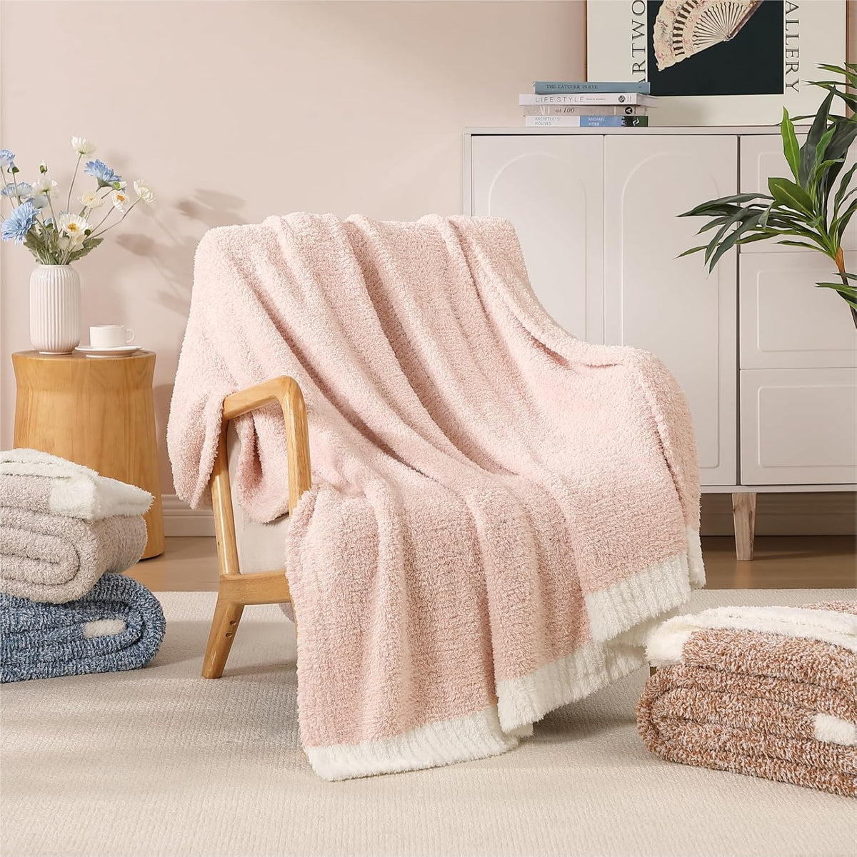 WRENSONGE Throw Blanket Cationic Dyeing Pink Soft Cozy Fluffy Warm Hand Made Throw Blankets for