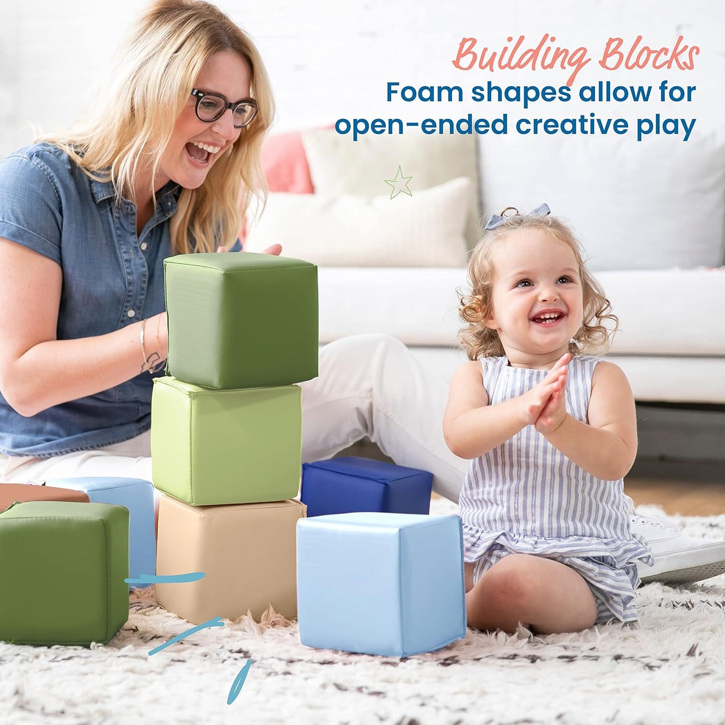 ECR4Kids SoftZone Patchwork Toddler Building Blocks, Foam Cubes, Earthtone, 12-Piece