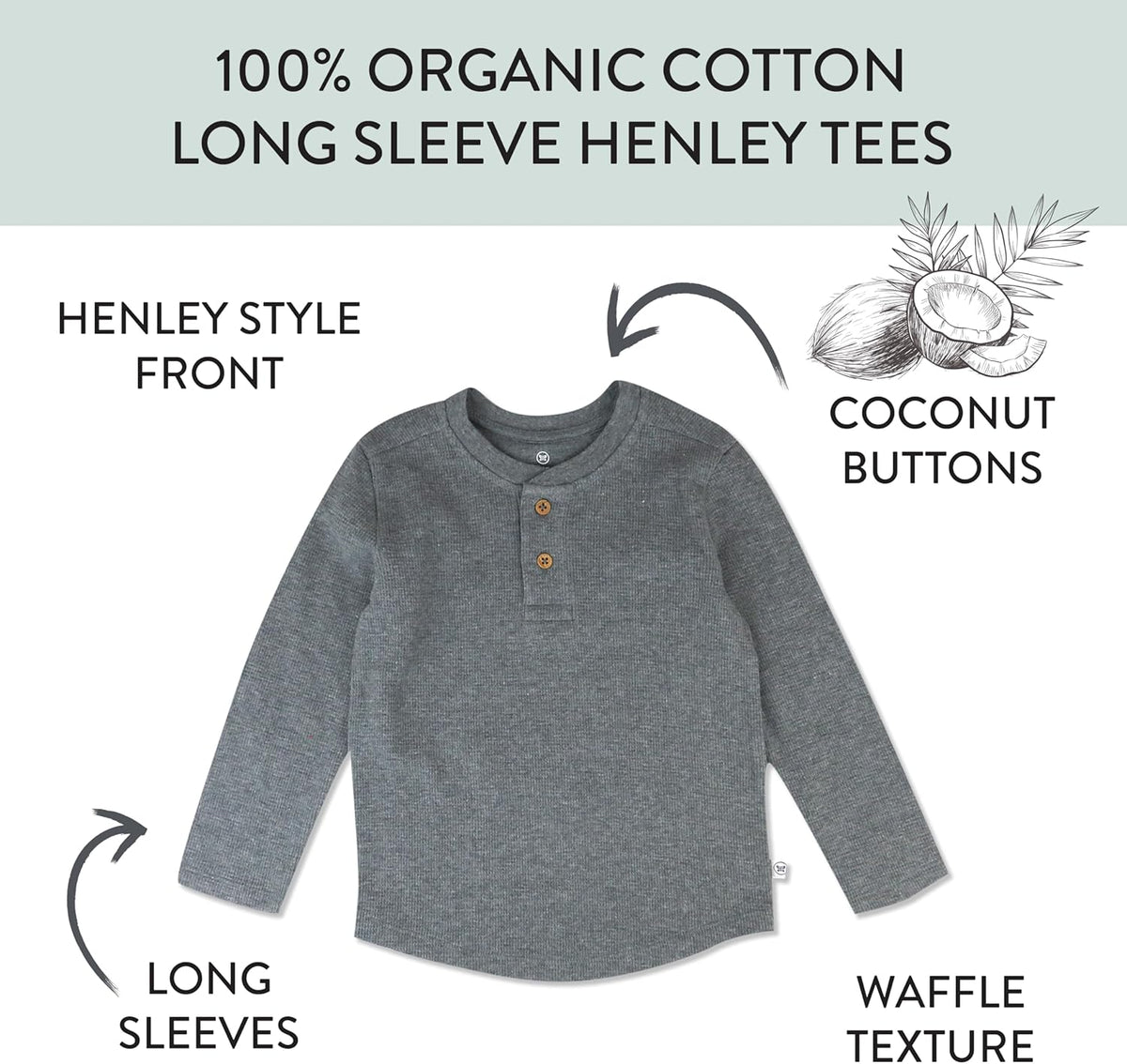 HonestBaby 5-pack Waffle Henley Long Sleeve Shirts 100% Organic Cotton for Infant Baby and Toddler