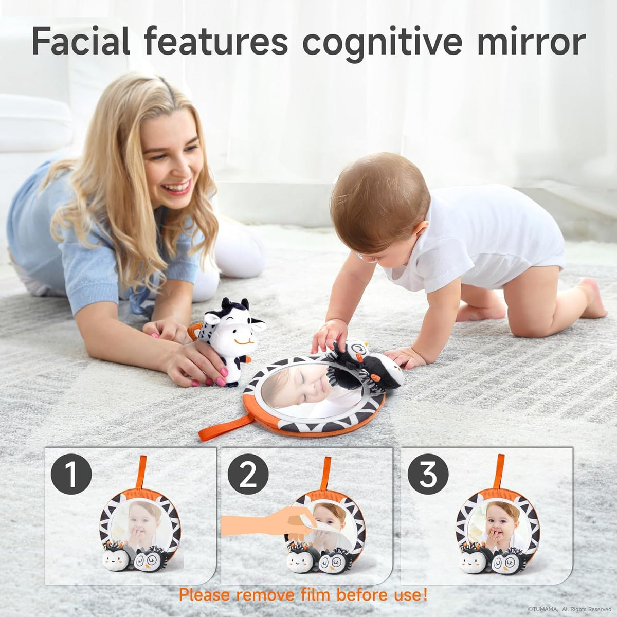 TUMAMA Black and White Baby Toys, High Contrast Tummy Time, Newborn Soft Books Mirror Rattles