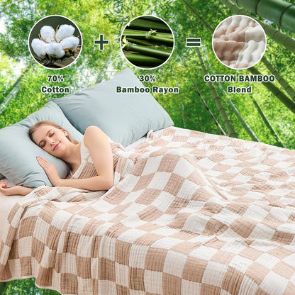 EMME Checkered Cotton Blanket Queen Size for Bed Soft Large Muslin Bed Blankets 80"x90" Lightweight