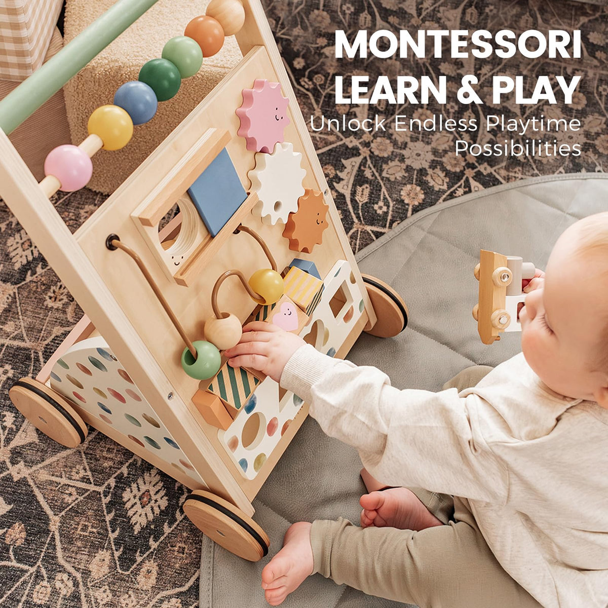 Tiny Land Wooden Baby Walker with Activity Center, Montessori Push Walker