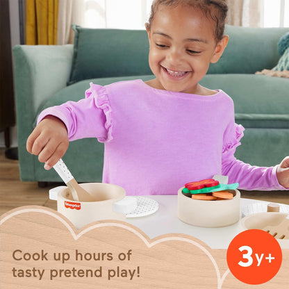 Fisher-Price Wood Kitchen Pretend Play Toy Pots & Pans Set, 19-Piece Playset Wooden, Metal & Fabric