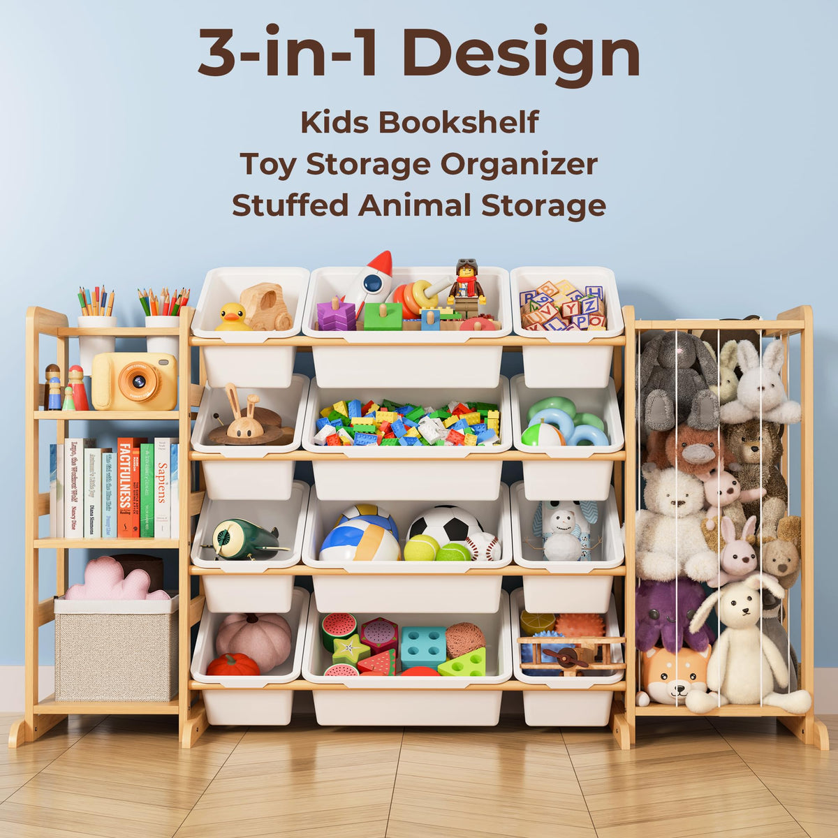 Toy Storage Organizer with Bookshelf and Stuffed Animal Storage - Kids Playroom Organization with