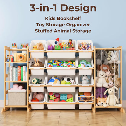 Toy Storage Organizer with Bookshelf and Stuffed Animal Storage - Kids Playroom Organization with