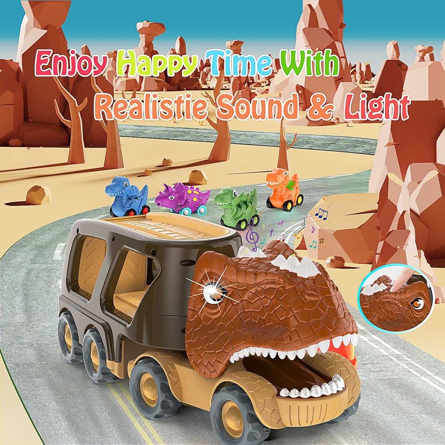 Veslier Dinosaur Car Toy for 2 3 4 5 Years Old Boys, Friction Power Carrier Truck with 4 Pack Small