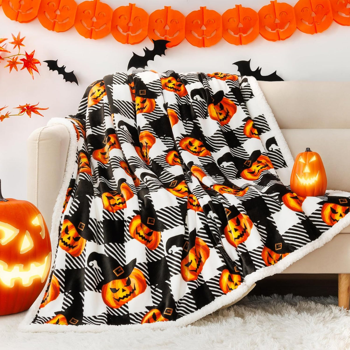 Touchat Halloween Blanket Twin Size 60" X 70"，Pumpkin Sherpa Fall Fuzzy Fluffy Soft Cozy Blankets