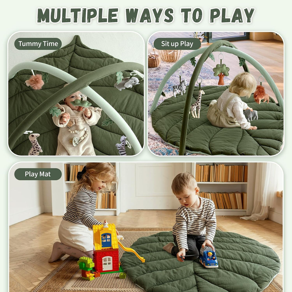 Baby Play Gym with Mat Leaf Shaped, Baby Play Mat with 6 Hanging Toys Tummy Time Mat, Baby Gym