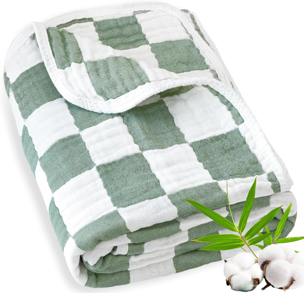 Muslin Baby Blanket Unisex Sage Green Checkerboard Toddler Blanket for Bed, 70% Cotton and 30%