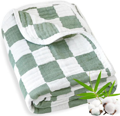 Muslin Baby Blanket Unisex Sage Green Checkerboard Toddler Blanket for Bed, 70% Cotton and 30%
