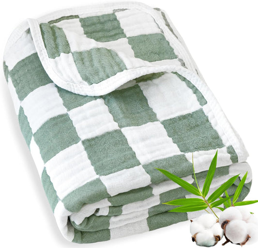 Muslin Baby Blanket Unisex Sage Green Checkerboard Toddler Blanket for Bed, 70% Cotton and 30%