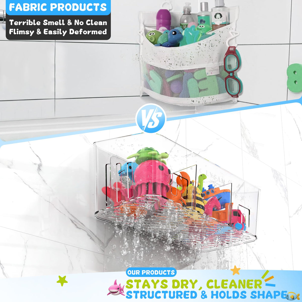 Bath Toy Storage 2 Packs, Large Bath Toy Holder - 3 Compartments, Quick-Dry