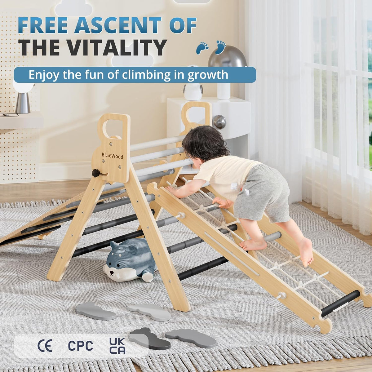 BlueWood 10-in-1 Pikler Triangle Set, Toddler Climbing Toys Indoor, Montessori Climber, Baby Jungle