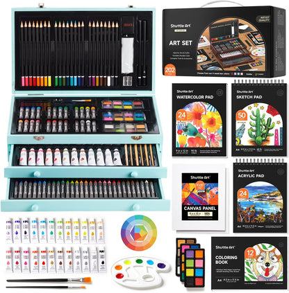 Shuttle Art Deluxe Gift Art Kit, 202-Piece Wooden Art Supplies Set with 4 Drawing Pads, Canvases
