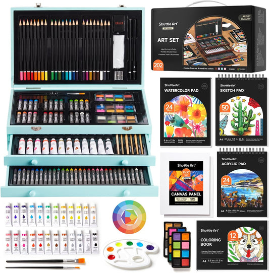 Shuttle Art Deluxe Gift Art Kit, 202-Piece Wooden Art Supplies Set with 4 Drawing Pads, Canvases