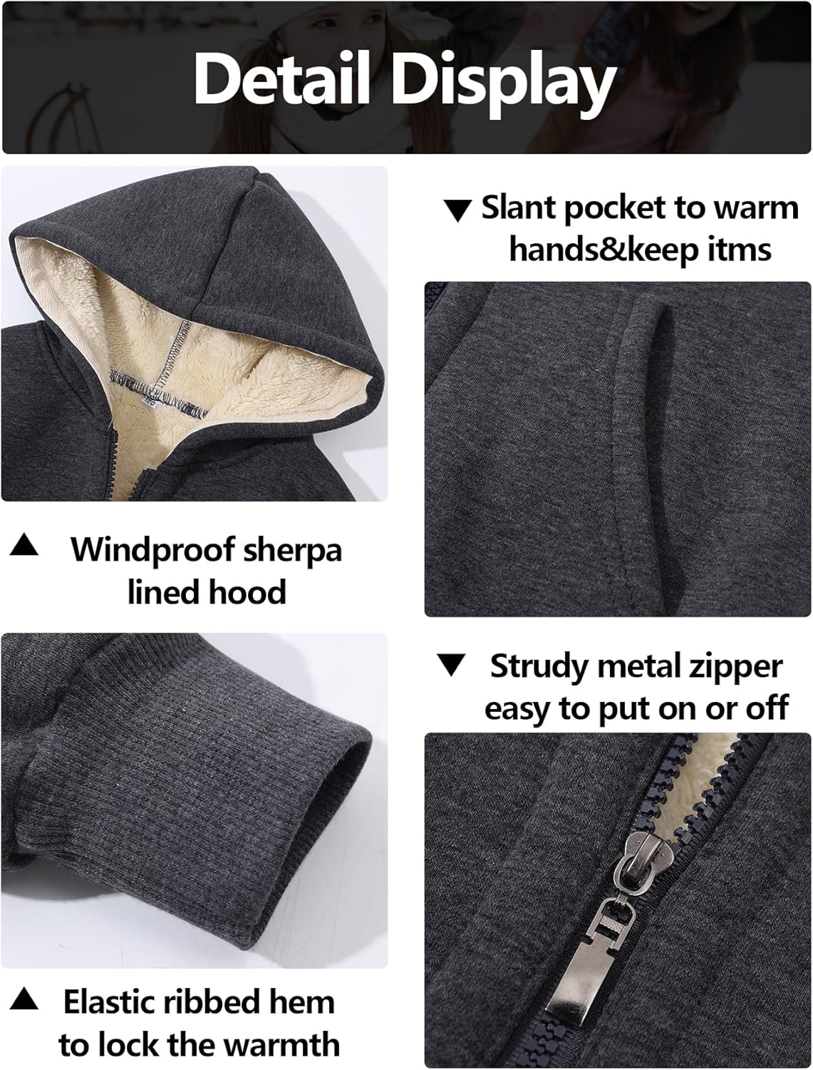 Gihuo Unisex Boy's Girls Winter Warm Sherpa Lined Zip Up Sweatshirt Fleece Jacket Kid's Hoodie