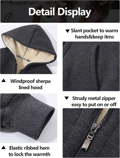 Gihuo Unisex Boy's Girls Winter Warm Sherpa Lined Zip Up Sweatshirt Fleece Jacket Kid's Hoodie